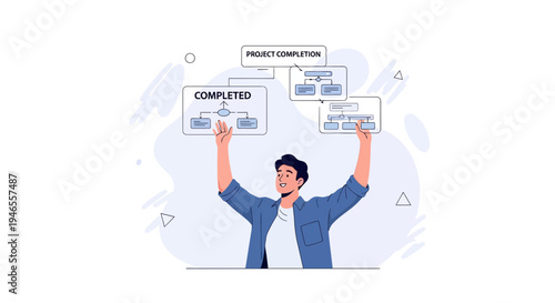 Man celebrating project completion with flowcharts and diagrams