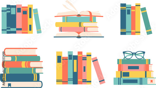 This illustration provides a collection of six distinct stacks and piles of books, rendered in a flat vector style with a modern, colorful palette, suitable for themes related to reading, education, 