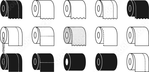 Toilet paper roll set vector illustration, black and white bathroom tissue icons collection, hygiene symbol pack, minimal outline style design