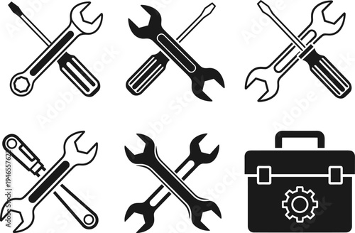 Tools and repair icon vector set, wrench screwdriver symbols in black silhouette and outline style, mechanic maintenance illustration collection for service branding
