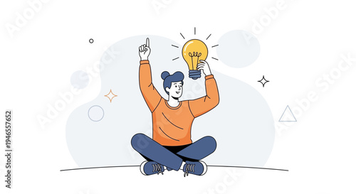 Person with Light Bulb Idea, Innovation, Creativity, Brainstorming, Solution Concept