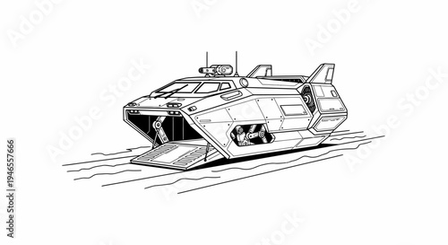 Futuristic Hovercraft Vehicle with Open Ramp - Line Art Illustration