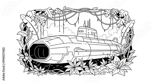 Futuristic Submarine Hidden in Lush Jungle, Underwater Exploration Concept