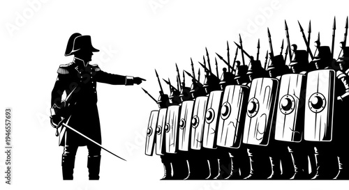 General Commanding Roman Soldiers in Formation with Shields and Spears