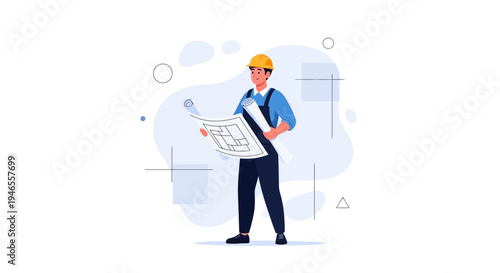 Construction worker with blueprints, architect planning building project, engineer in hard hat