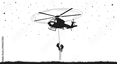 Helicopter Rescue Mission at Night with Stars and Silhouette of Rescuers on Ladder