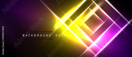 Neon lights create abstract geometric shapes. Purple, yellow hues dominate dark background. Modern design element.