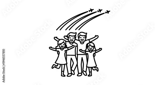 Happy Family Watching Air Show with Jet Planes Flying in Formation