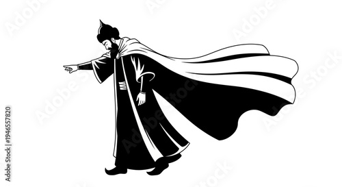 Historical Figure Pointing Forward, Majestic Cape Flowing, Silhouette Style