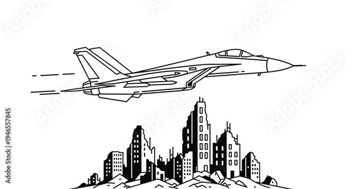 Jet Fighter Flying Over Ruined Cityscape
