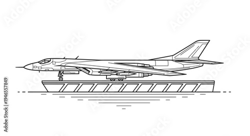 Jet fighter on aircraft carrier deck, military aviation, vector illustration