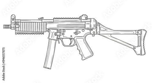 Line Art Drawing of a Compact Submachine Gun with Collapsible Stock