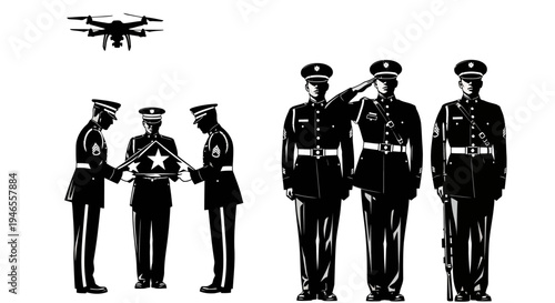 Military Honor Ceremony: Marines Fold Flag, Drone Overhead, Saluting Soldiers