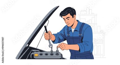 Mechanic working on car engine.