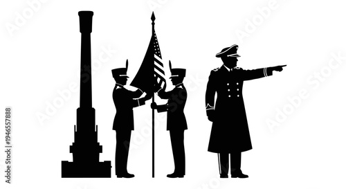 Military Honor Guard and Commander at Monument, American Flag Ceremony