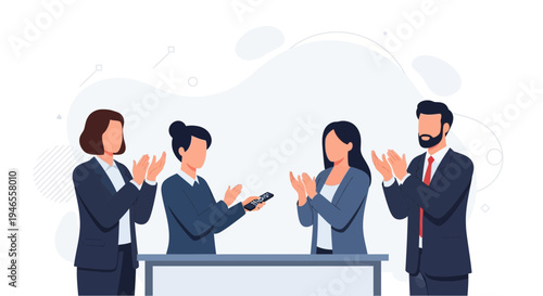 Business team applauding success, one holding remote control, celebrating achievement