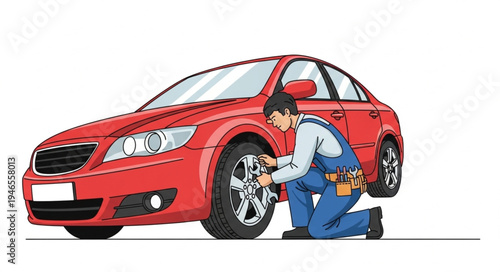 Mechanic changing car tire.