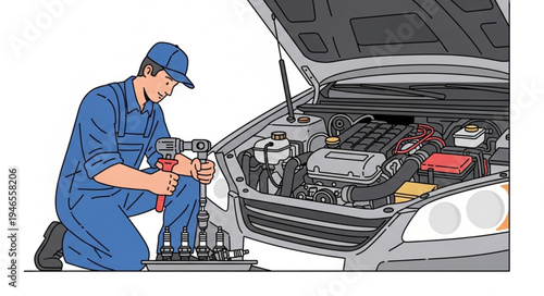 Mechanic Working on Car Engine.