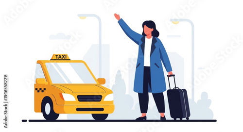 Woman hailing yellow taxi cab.