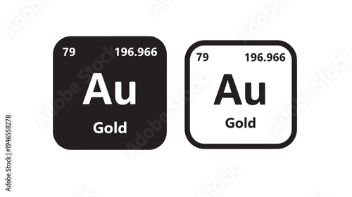 Gold element symbol Au, atomic number 79, and atomic mass 196.966 icons in black and white versions featuring Au, periodic table, science with