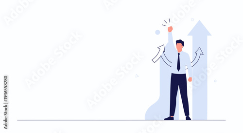 Businessman celebrating success with rising arrow graph, symbolizing growth and achievement.