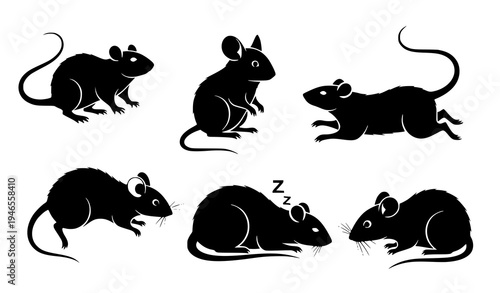 Black rat and mouse silhouette vector set with rodent icon bundle for animals and pets illustration