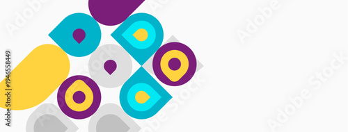 Colorful circles, squares overlap white background. Modern design, simple shapes create abstract pattern. Bright hues attract attention.