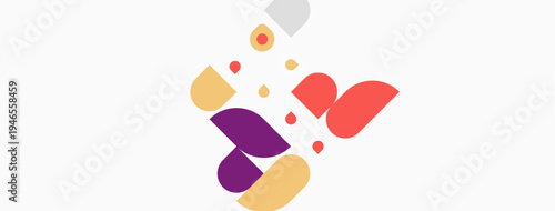 Abstract colorful shapes float over white background. Geometric forms create playful composition. Minimalist design, modern aesthetic.