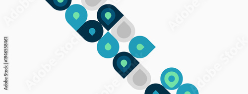 Abstract design features overlapping circles, varying shades teal, gray. Minimalist composition, diagonal arrangement creates dynamic visual effect.