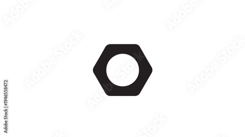Hexagonal nut icon with a circular opening for screw attachment, isolated on white background, simple graphic element.