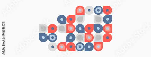 Abstract geometric shapes, circles, squares, rectangles. Red, blue, gray colors on white background. Minimalist design, pattern, composition.