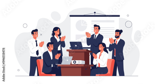 Business team applauding success during presentation, celebrating achievement