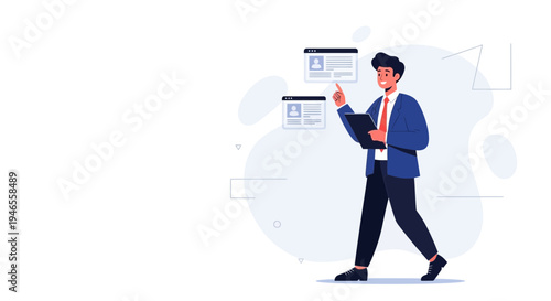 Man in Suit Reviewing Candidate Profiles for Hiring, Recruitment Process