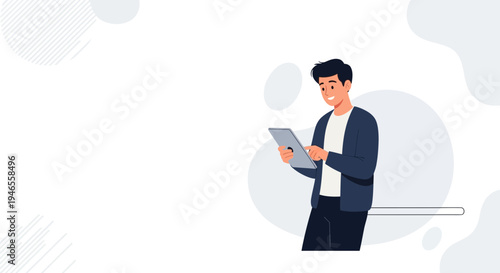 Young man using a tablet computer, modern abstract background, digital technology concept
