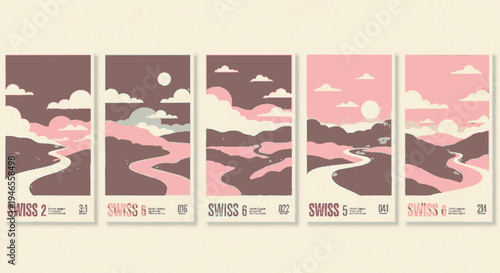 Vintage travel posters with scenic mountain landscapes and winding rivers at sunset