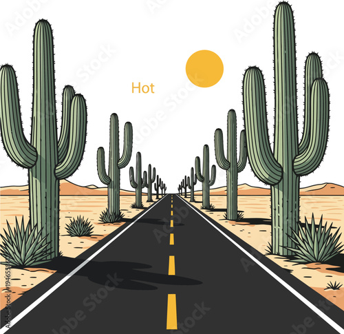 Vast Desert Highway Lined with Tall Saguaro Cacti Under a Bright Sun.