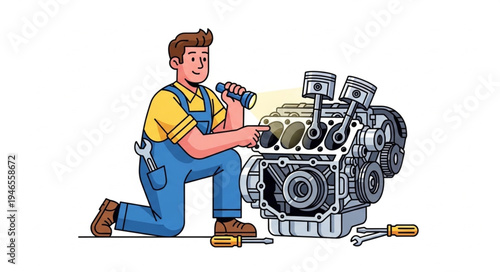 Mechanic Working on Car Engine.