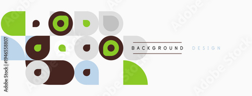 Abstract geometric shapes, circles, squares, triangles. Light colors dominate design, simple background present.