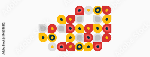 Abstract geometric shapes, circles, squares, varying colors. Composition suggests playful pattern, modern design aesthetic.