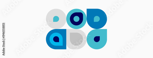 Abstract geometric pattern. Circles, squares overlap creating visual interest. Blue shades dominate white background. Simple design.