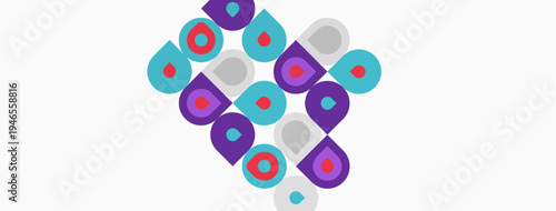 Abstract pattern. Circles, squares, rectangles form geometric design. Purple, teal, gray colors dominate white background. Modern aesthetic.