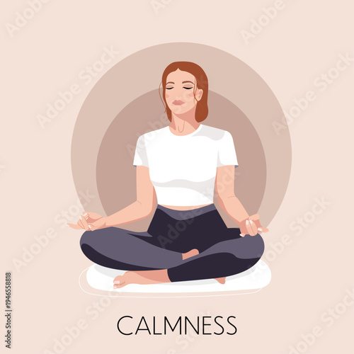 Yoga calmness woman sitting lotus pose, square banner, flyer, poster, June 21, international yoga day, vector illustration