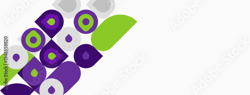 Abstract geometric shapes, purple, green, gray. Diagonal arrangement creates dynamic visual impact. Minimalist design, clean aesthetic.