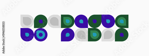 Abstract pattern featuring colorful circles, rectangles. Minimalist design with purple, green, gray hues. Simple geometric shapes create playful composition.