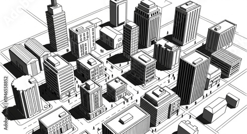 Detailed architectural rendering of a modern city skyline.