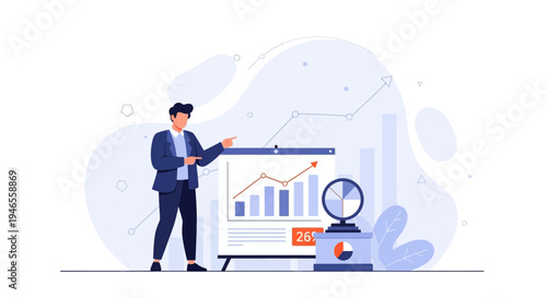 Business man presenting financial growth chart on whiteboard, data analysis concept