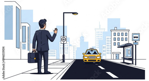 Man Hailing Yellow Taxi Cab.