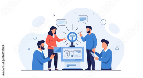 Teamwork and Innovation: People Discussing Ideas Around a Futuristic Display