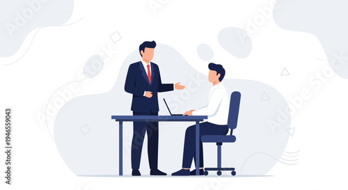 Business Meeting: Manager Discussing with Employee at Desk with Laptop