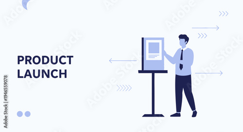 Product Launch Presentation: Businessman Showcasing New Product on Display